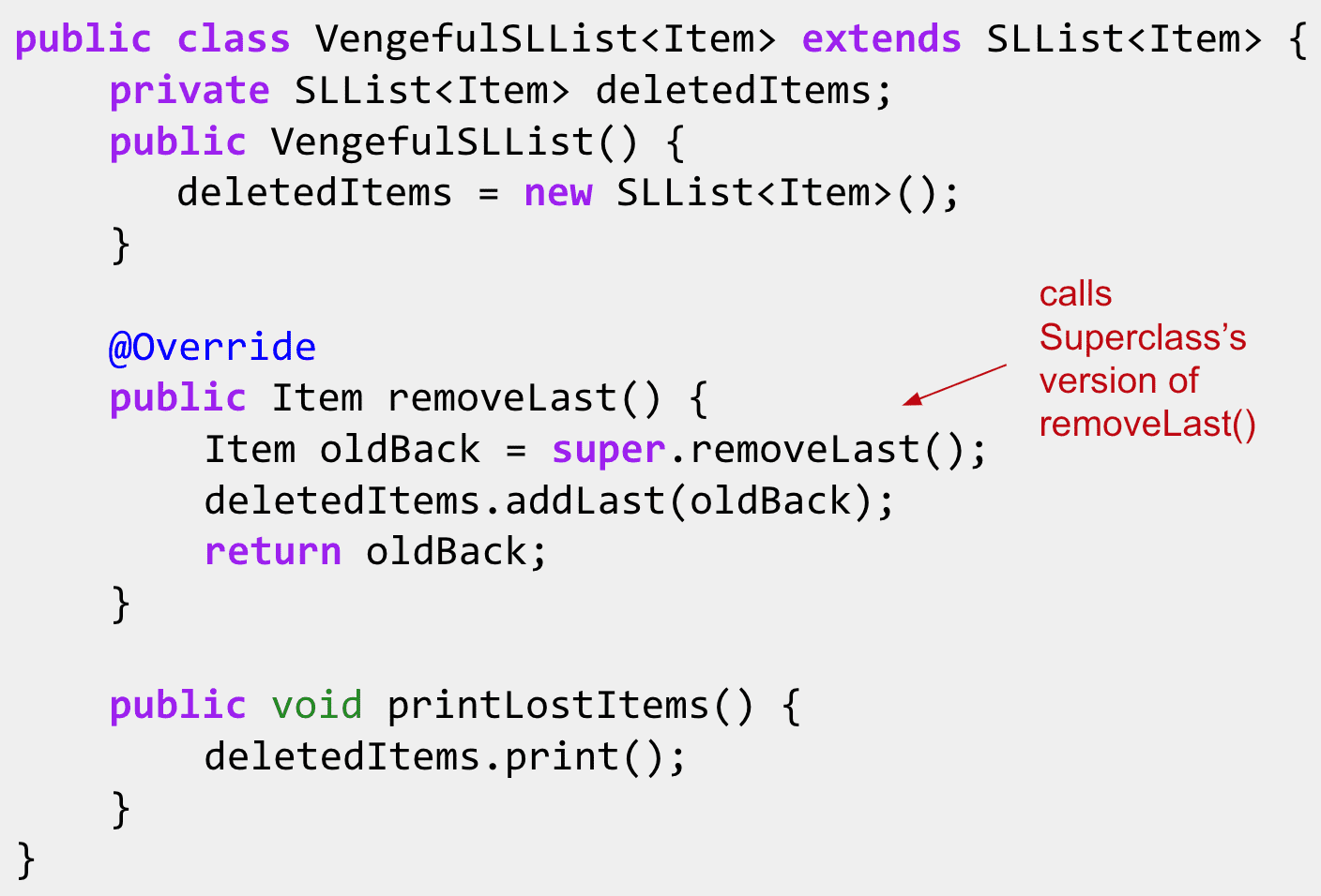 这样就不用在removeLast()里重复父类的代码了
Ps:这里想做的是在SLList的基础上实现一个可以记住删除了的元素的SSList